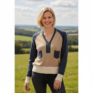 HOSS INTROPIA Gray/Camel Stripe Alpaca Blend Zip Sweater Size Small
